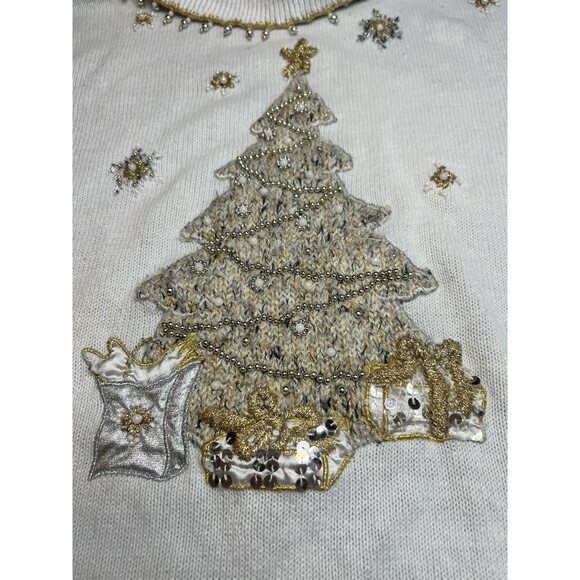 Vintage Victoria Jones White Ugly Christmas Sweater Tree Silver Gold Size L - Picture 2 of 12